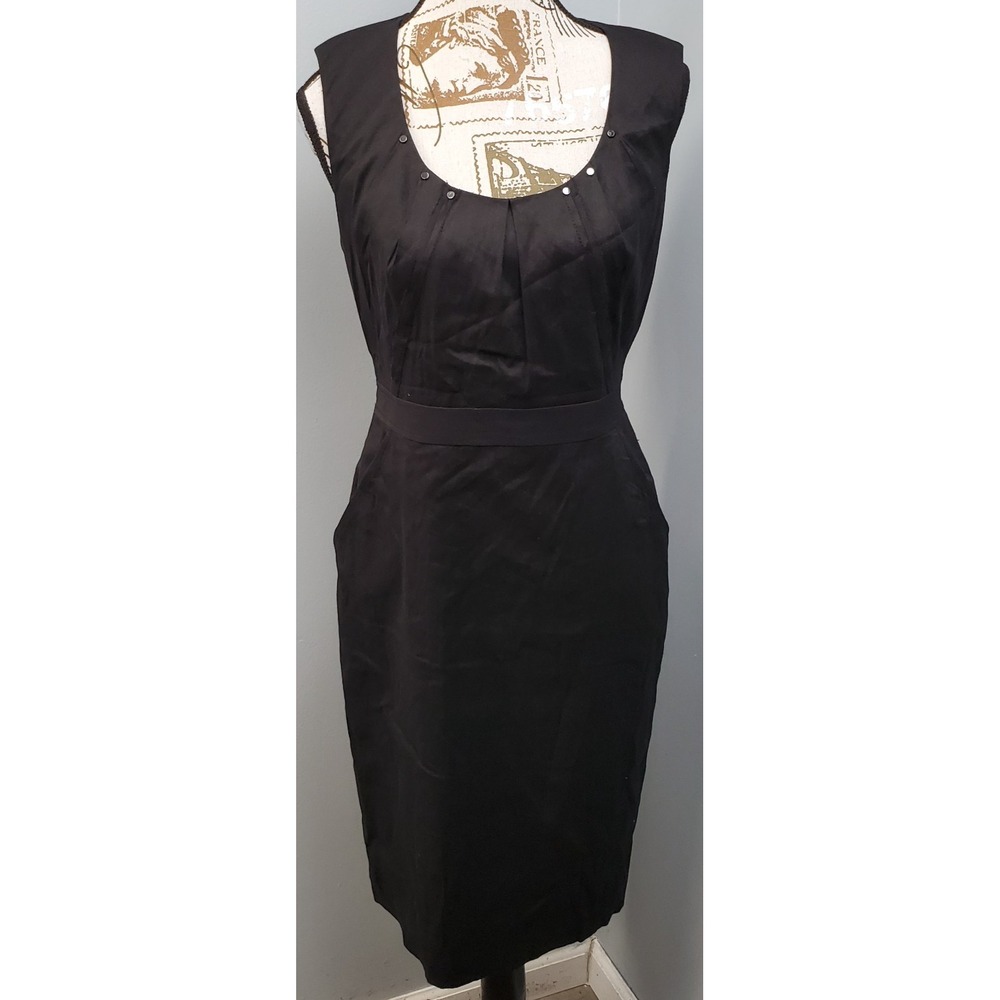 T Tahari Sheath Dress Womens 4 Black Linen Blend Sleeveless Pleated Designer